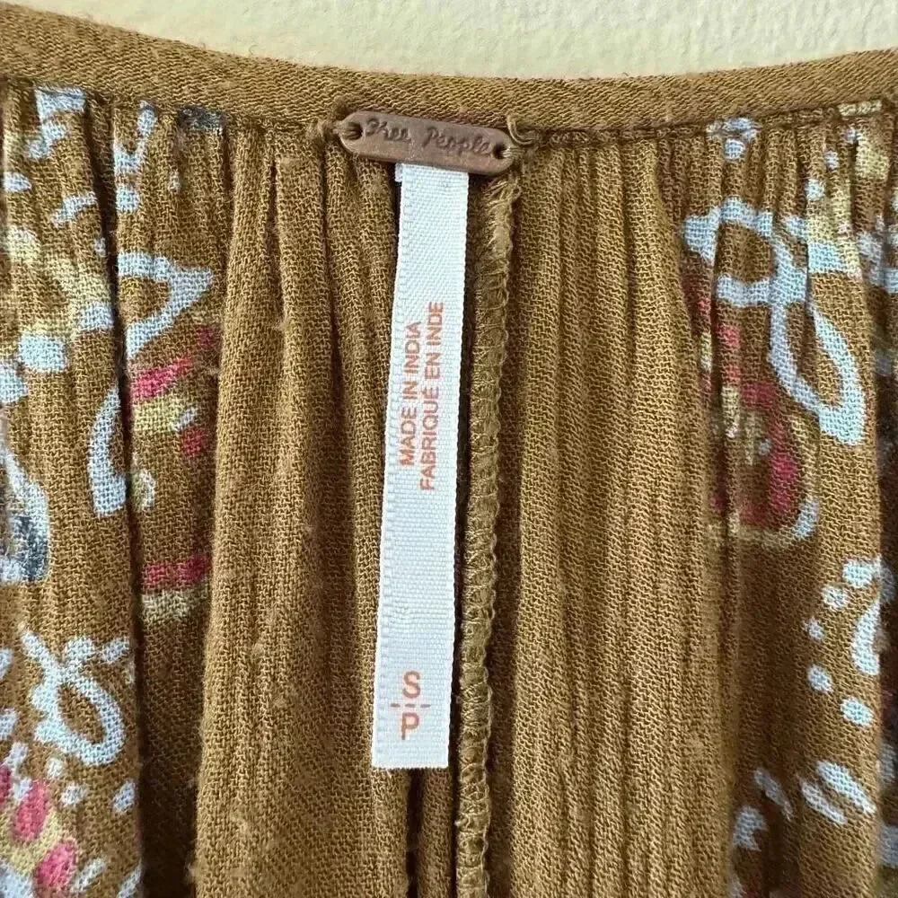 Free People  Brown green hippie babydoll peasant dress balloon sleeves S #1993